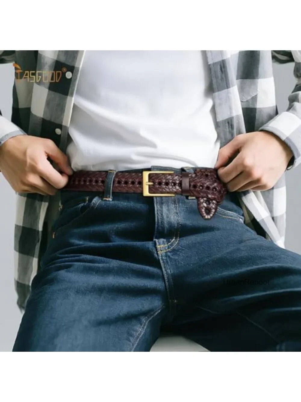 Braided Leather Belt for Men with Solid Strap Single Prong Buckle